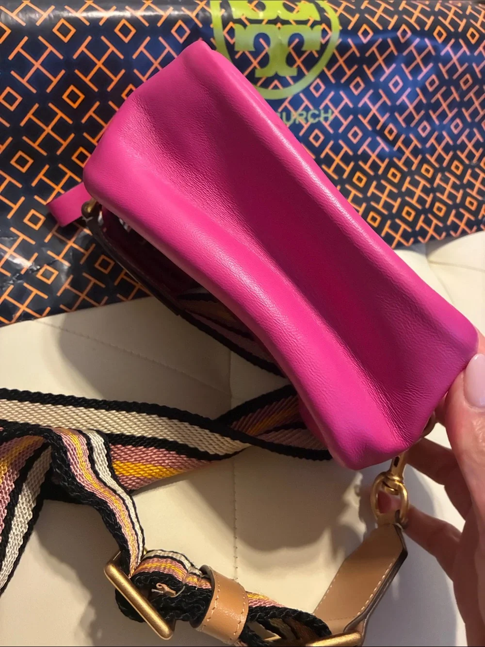 Tory Burch Fuchsia Embossed Leather Crossbody with Striped Web Strap